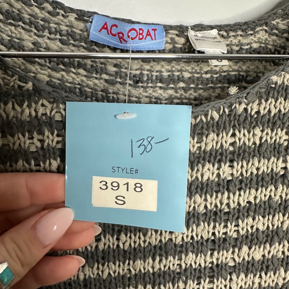Acrobat Striped Open Knit Cotton Sweater Women's Small Grey Beige NWT - Picture 2 of 7